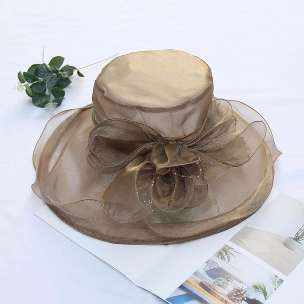 Sombreros elegantes de iglesia para mujer, gorros de fieltro de hilo de red Floral grande para mujer, sombreros de Sol de ala ancha de verano, gorros de fedora vintage