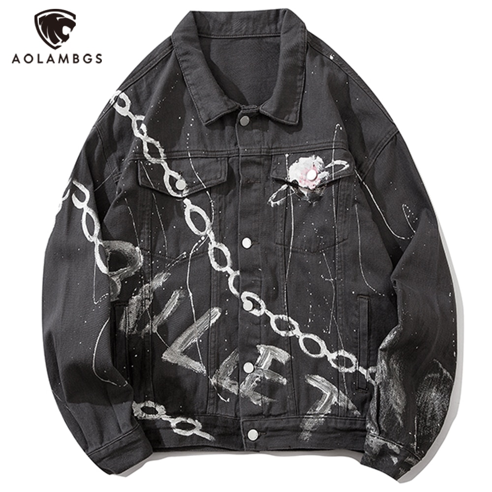 Aolamegs planet kjede trykt punk dongerijakke herre cowboykåper med flere lommer koselig high street hip hop hipster streetwear høst