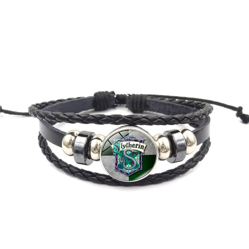 La escuela de magia Salazar Slytherin de vidrio hebilla encanto pulsera de joyería de hecho a mano multicapa DIY brazalete pulsera de cuero,: XL1580