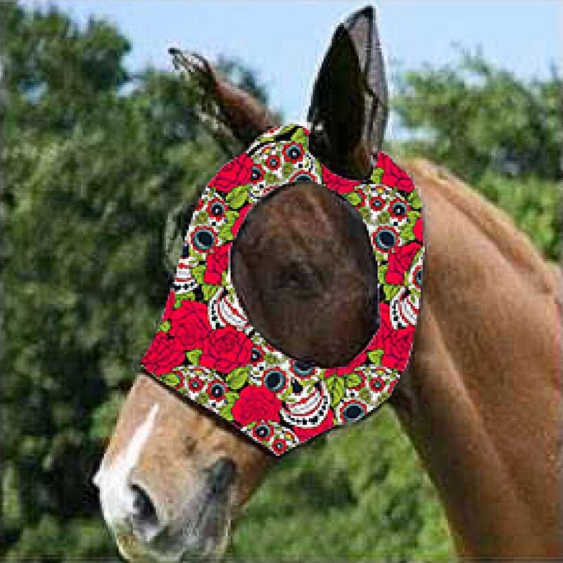 Skull Rose Print Horse Fly Mask with Ears Comfort Fit Horses Face Protection from Insect Bites Summer Breathable Fine Mesh