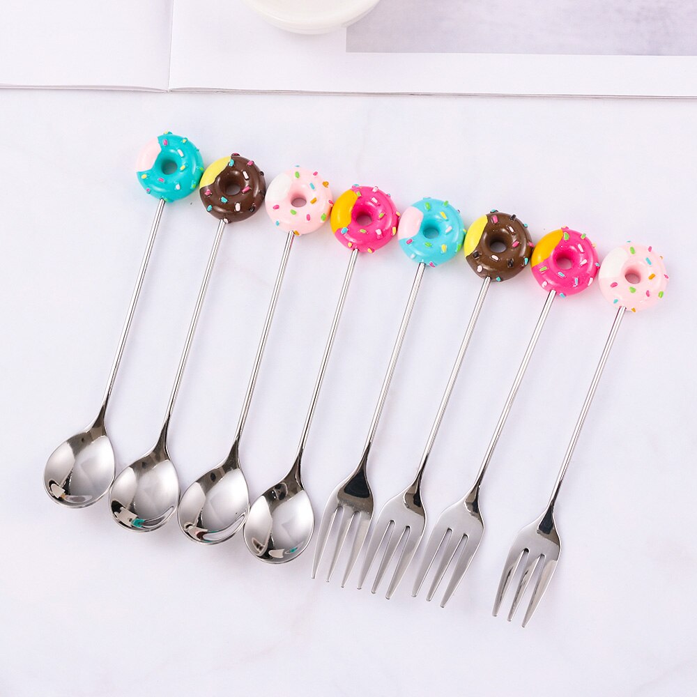 Donut Cute Stainless Steel Doughnut Dessert Spoon Fork Coffee Ice Cream Candy Kitchen Flatware Baby Kids Dinnerware