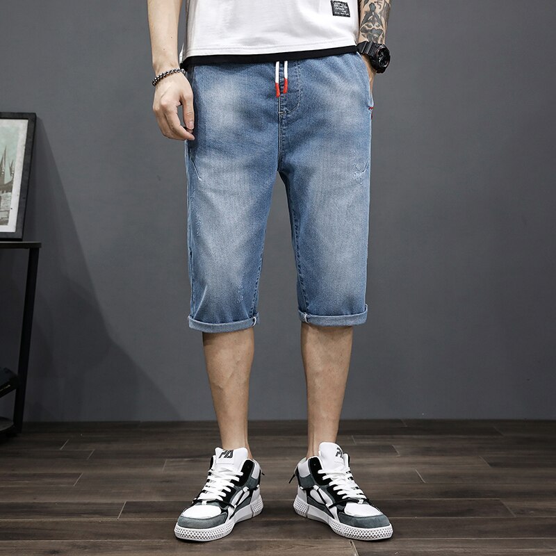 Plus size 5xl 6xl 7xl himmelblå mænd løse korte jeans sommer avanceret stretch casual denim cropped bukser mandligt mærke