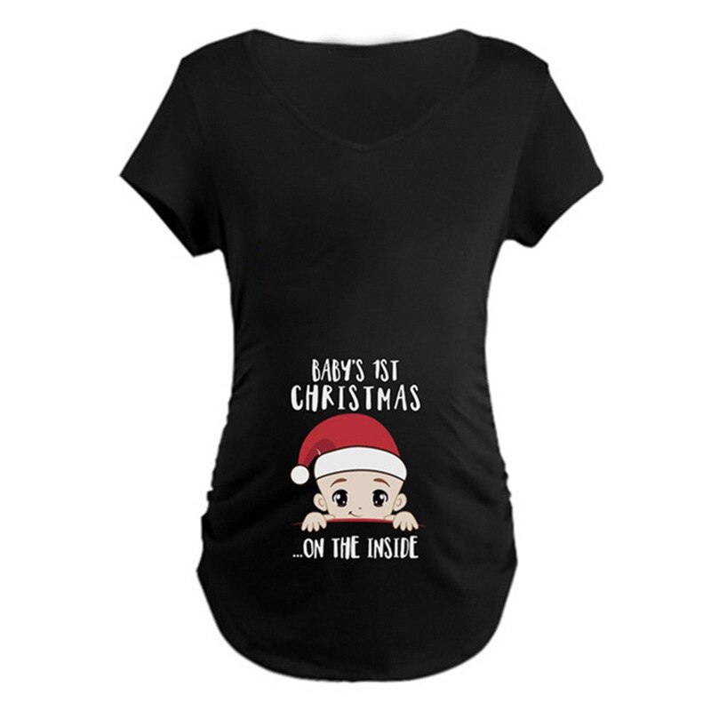 T-shirt de maternité drôle pour les femmes enceintes joyeux noël vêtements de grossesse hauts amples bébé 1st noël imprimer t-shirt: Black / S