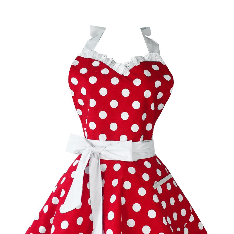 Delantales de cocina Retro rojo encantador para mujer y niña, delantal Vintage de algodón con lunares para salón de cocina, vestido de Navidad
