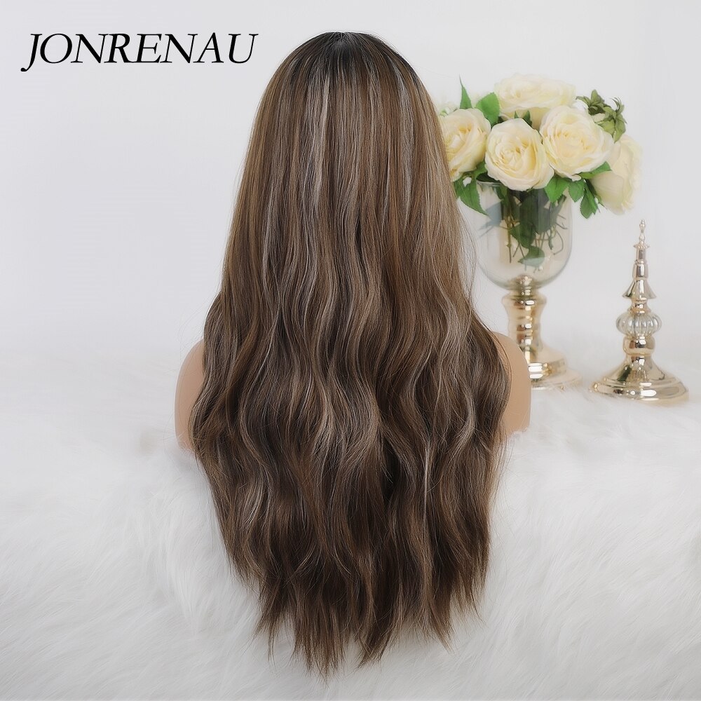 JONRENAU Long Synthetic Natural Wavy Dark Brown Hair Wig with highlight for White /Black women Daily Wear Wigs