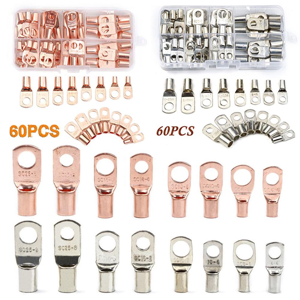 60 Pcs Sc Bare Terminals Lug Tinned Copper Tube Lug Ring Seal Battery Wire Connectors Bare Cable Crimped Soldered