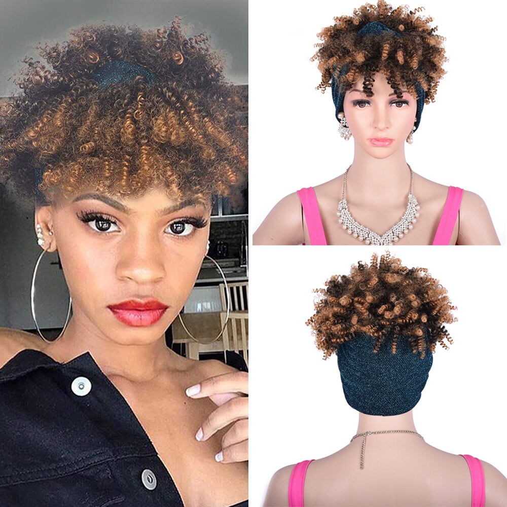 Short High Puff Afro Kinky Curly Drawstring Ponytail With Bang Headwrap Turban Wig for Black Women African Updo: tja1-1bt27