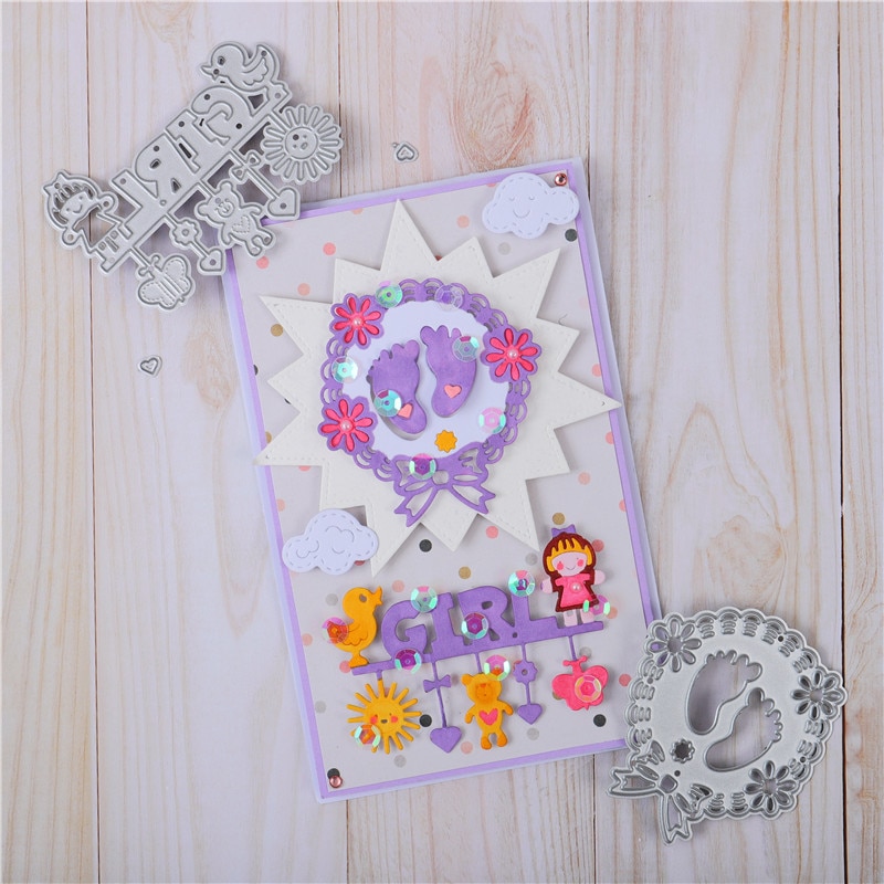 Kokorosa Baby Footprint with Boy Girl Letter Metal Cutting Dies Embossing Stencil Scrapbook Template Punch Paper Crafts