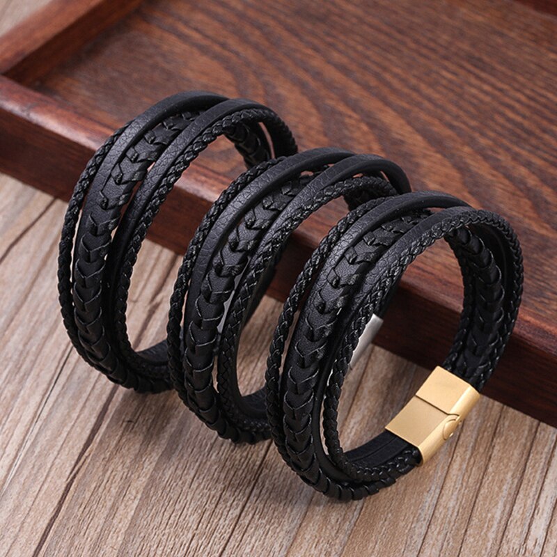 Lederen Mannen Armband Klassieke Roestvrij Staal Multi-layer Leren Armband Voor Mannen Sieraden