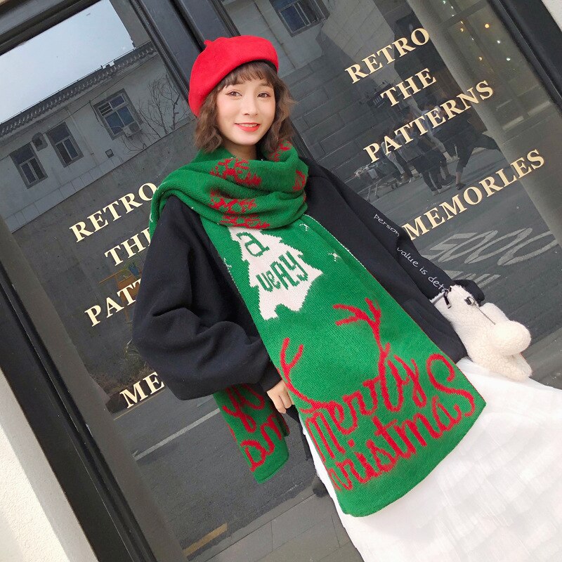 Johnature hiver noël écharpe dessin animé imprimer femmes laine Jacquard 14 couleurs noël femmes écharpes: I05 Dark green