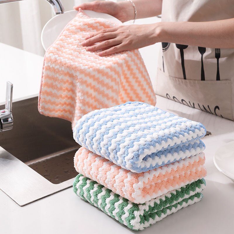 Household Super Absorbent Microfiber Towel Toad Kitchen Cleaning Towel Thicken Wave Stripes Coral Fleece