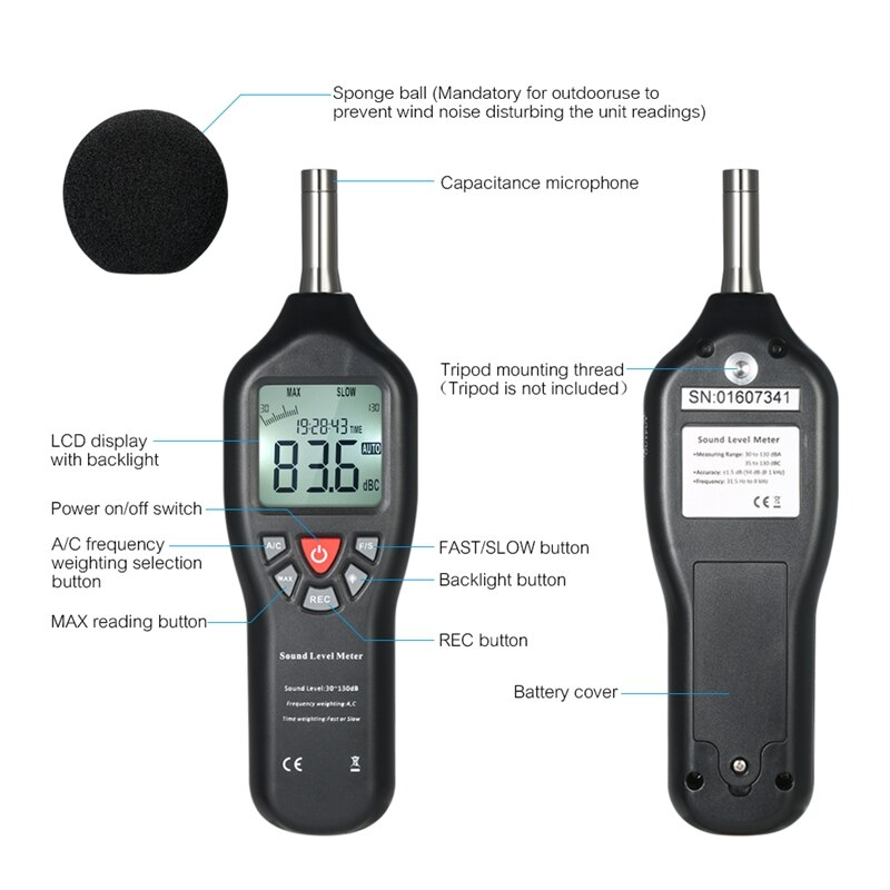 30-130Db Lcd Sound Level Decibel Meter Logger Tester Lawaai Meting Tijd Display Auto Off Setup Met Data Logging Functie