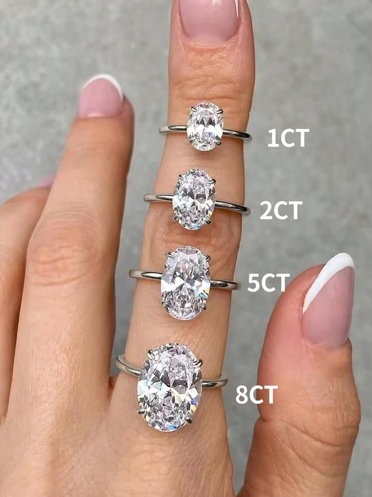 Anillo de Plata de Ley 925 de lujo con circonita de 1-8CT, precioso anillo de piedra ovalada para mujer, compromiso, boda, joyería fina de lujo de: Plata / 7 / Bañado en rodio de imitación