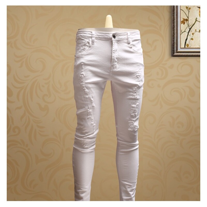 Afslappet herre skinny rippet hvide jeans streetwear jean bukser til cowboys mænd psmj 74