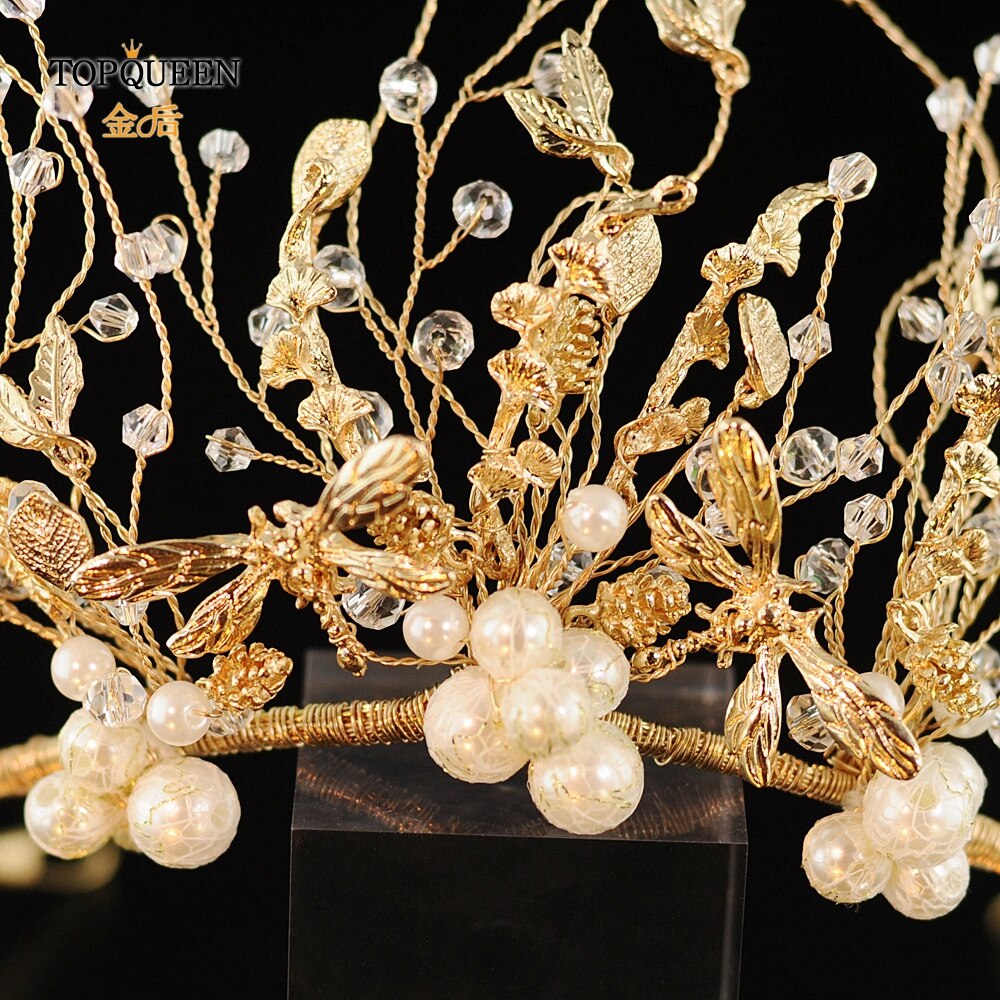 TOPQUEEN Wedding Tiara and Crown Pearl Bride Hair Jewelry Handmade Crystal Wedding Hair Accessories Bridal Headpieces HP214
