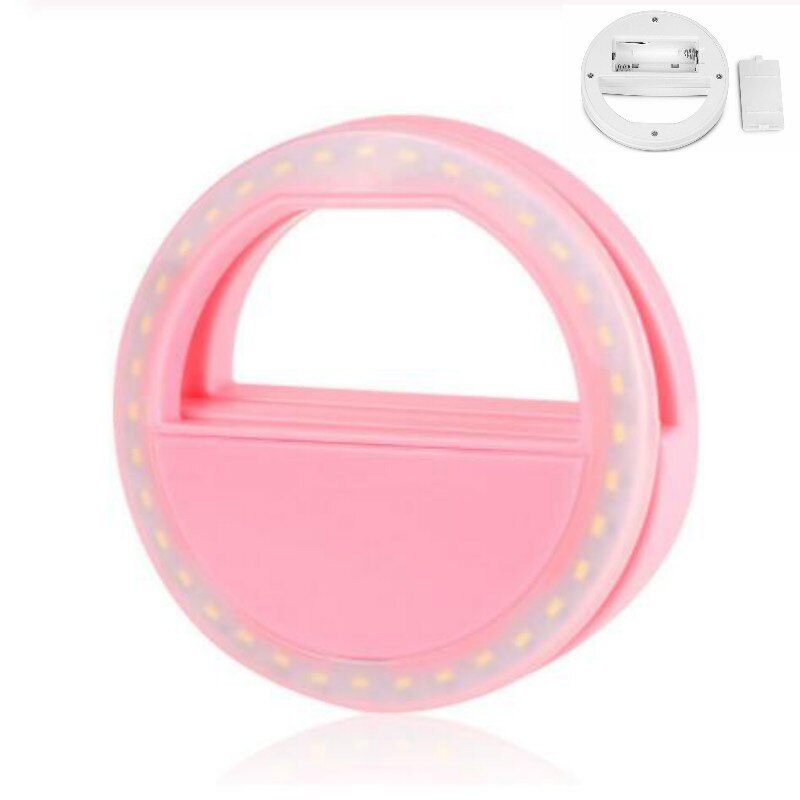 Selfie Led Ring Flash Light Draagbare Telefoon Selfie Lamp Lichtgevende Clip Lamp Camera Fotografie Video Spotlight Lens: Pink  battery