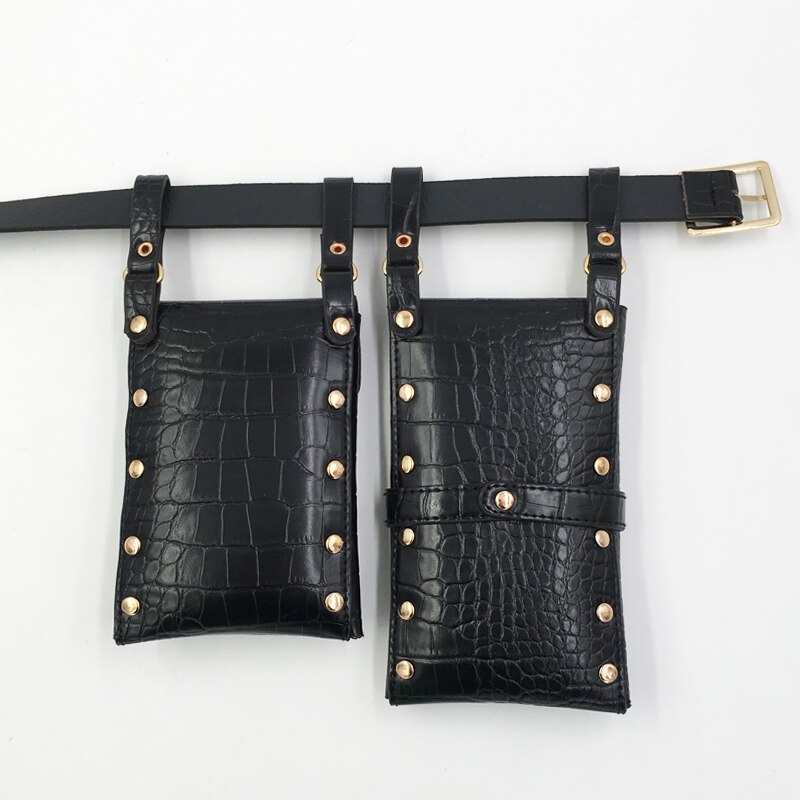 Pu Lederen Punk Vrouwen Riem Tas Hip Hop Grappige Verpakking Vrouwelijke Straat Crossbody Borst Zakken Mobiele Telefoon Heuptas 2 Stuk Set Portemonnee