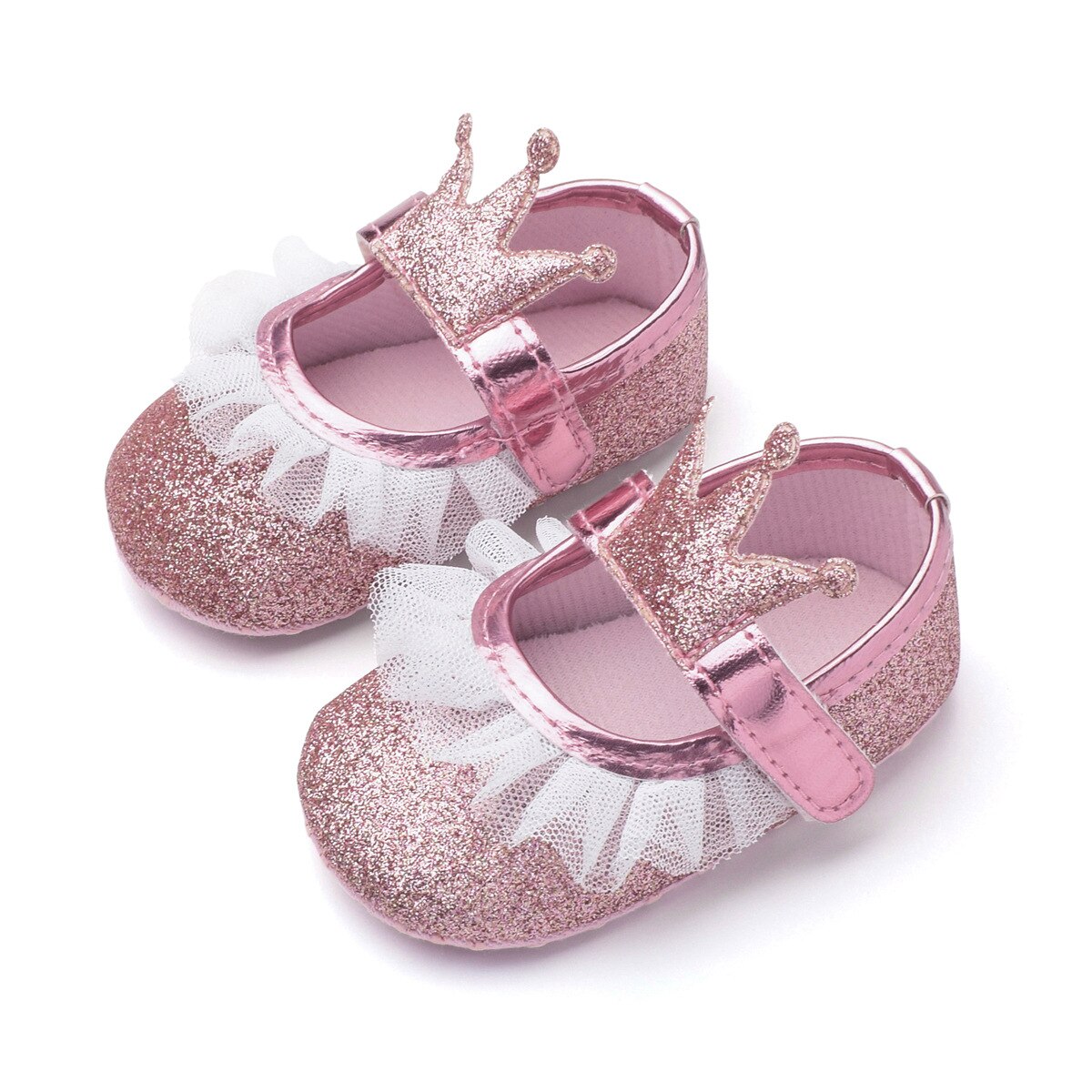 Nyfødte baby pige pailletter glitter krybbe sko + hårbånd bløde sål sko søde sommer prewalker: Lyserød / 0-6 måneder