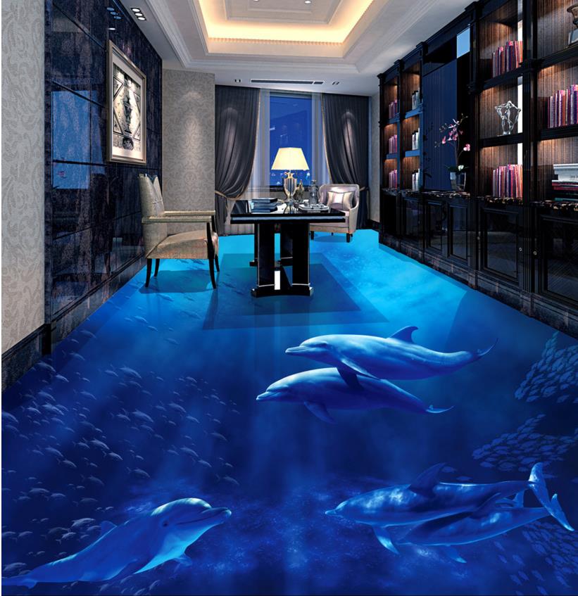 Custom 3d vloeren PVC vinyl vloer Dolfijnen 3D vloer behang waterdichte zelfklevende PVC 3D behang
