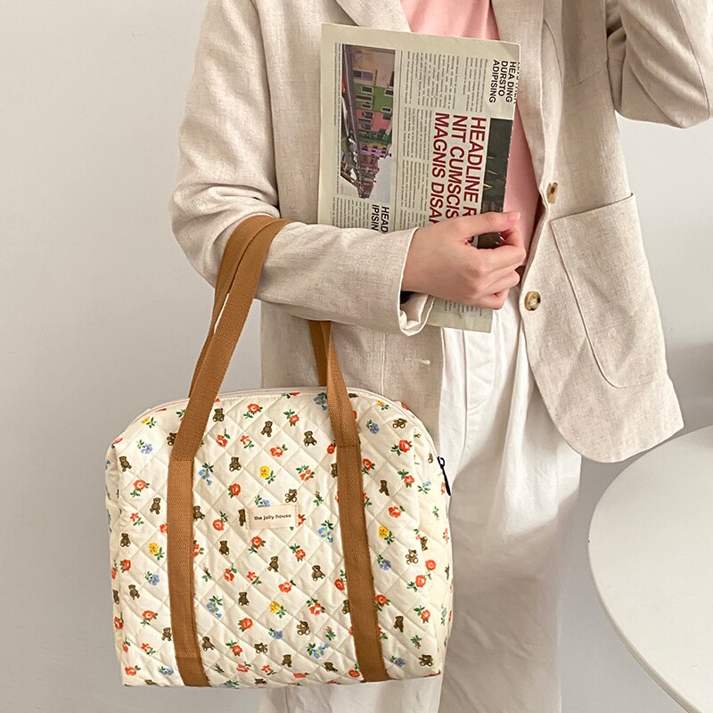 Liberty-Bolso de compras acolchado de algodón para mujer, bolsa de hombro de tela suave con estampado Floral de oso, libros bonitos, con cremallera, grande
