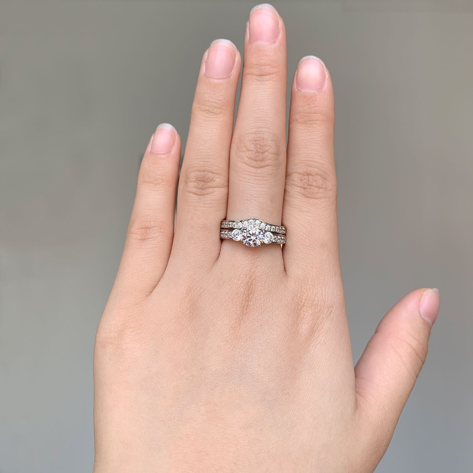 Newshe-Conjunto de 2 anillos de boda de plata 925 sólida para mujer, anillo de compromiso de 3 piedras, joyería clásica nupcial, BR1099