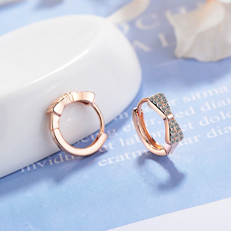 Bonito romântico rosegold hoop brincos simples arco-nó cristal zircônia brinco para mulheres jóias de alta qualidade