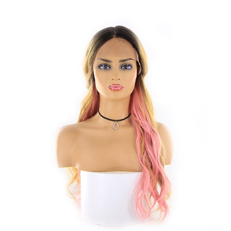 Split Color 2 Part Splice Wig Ombre Brown and Pink Trendy Lace Front Wigs Long Natural Wave Hair X-TRESS Heat Resistant Fibre