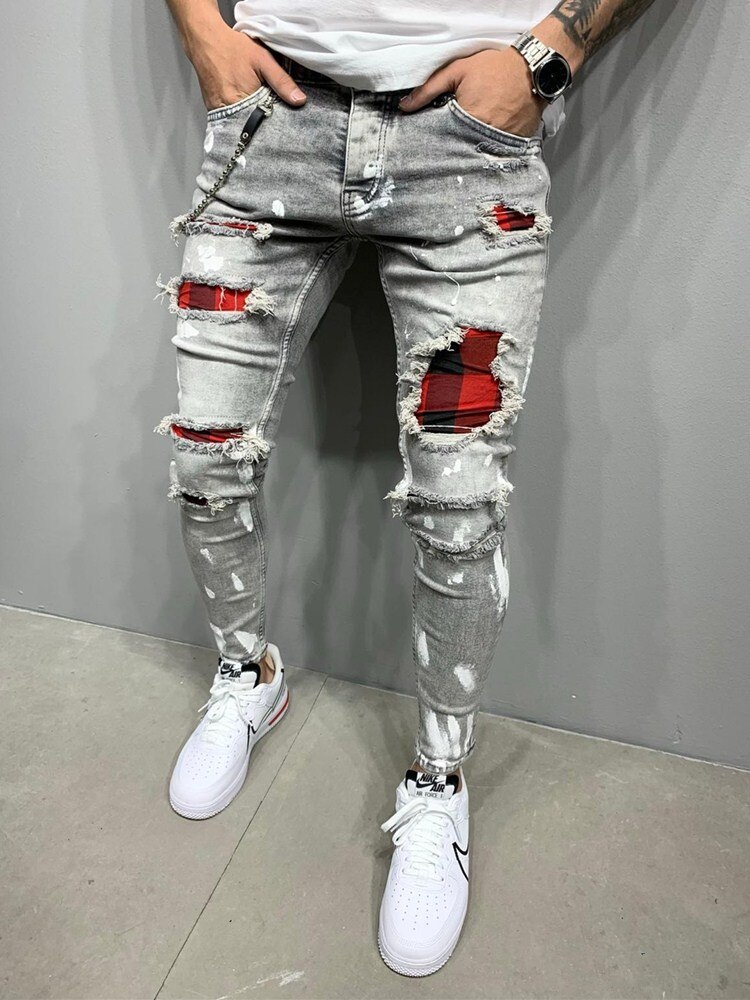 Pantalones con rasgado para hombre, pantalones vaqueros con rasgado y estampado de rejilla, con parche, tamaño grande S-3XL
