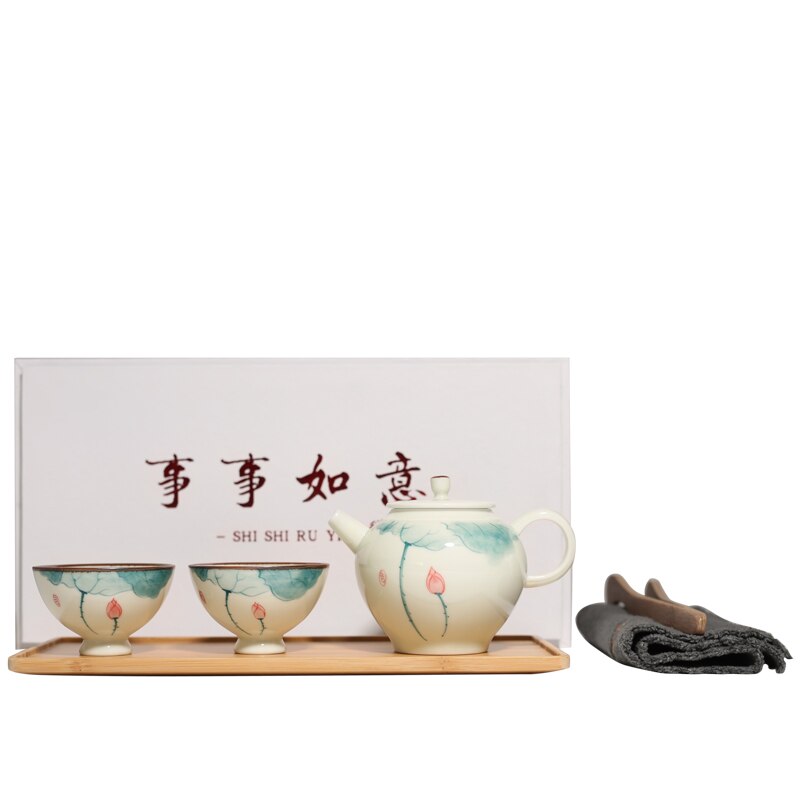 PINNY Ceramic Hand Painted Lotus Ceramic Tea Set 1 Pot 2 Cups 150ML Kung Fu Teapots Porcelain Teacups Pigmented Drinkware