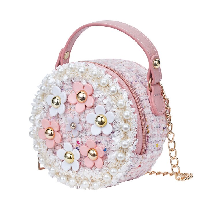 ¡Novedad! Minibolso brillante para niños, bolso de hombro impermeable de PU con flor, bandolera plateada de , bolso de de cumpleaños para niños.: Yarn pink