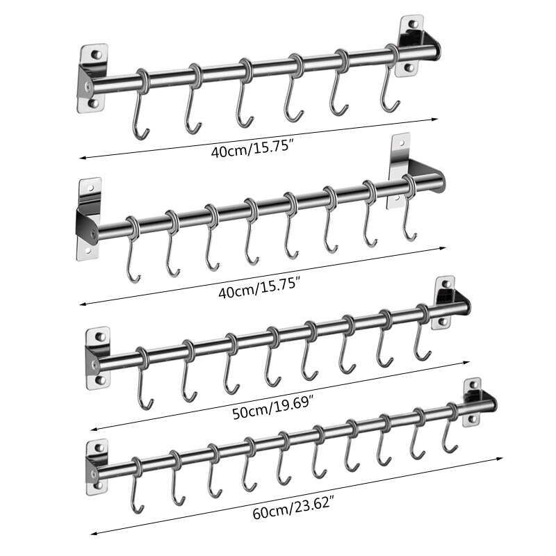 Wall Mounted Utensil Rack Stainless Steel Hanging Kitchen Rail with 6/8/10 Removable Hooks Hanger Organizer