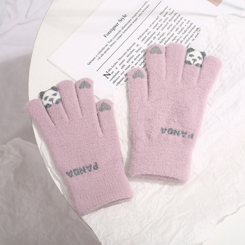 Mode Winter Pluche Handschoenen Stretch Gebreide Handschoenen Voor Meisjes Leuke Koude Warme Handschoenen Cartoon Panda Kids Handschoenen: Paars