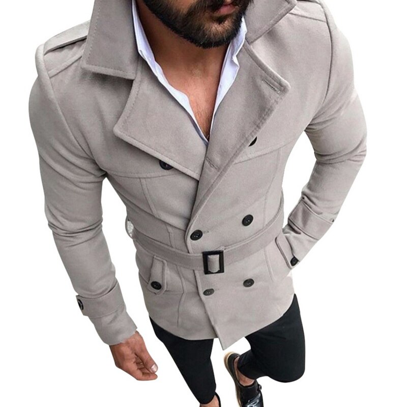 Trench Coat Men Classic Double Breasted Mens Long Coat Mens Clothing Long Jackets Coats British Style Overcoat: Light Gray / L