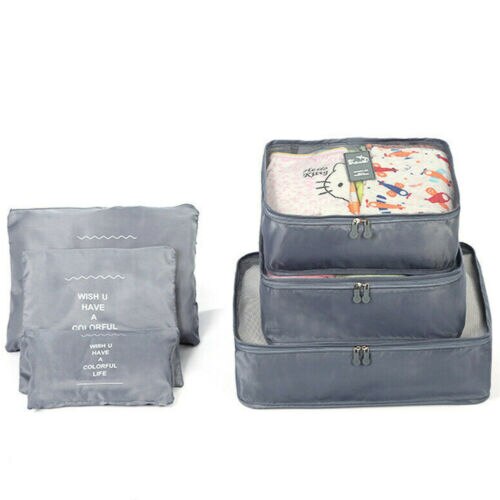 6 pièces/ensemble sac de rangement | Ensemble de sac de rangement de voyage, sac de rangement pour vêtements, boîte de valise pochette, organisateur, conteneur Portable, sacs étanches: Gris