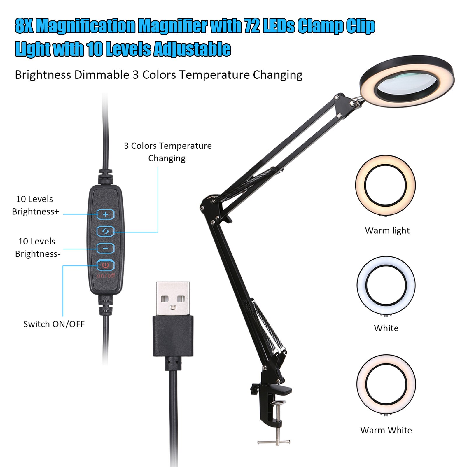 Magnifying Glass Magnifier with LEDs Clamp Clip Light 8X Magnification 10 Levels Brightness Dimmable Desk Lamp with Bracket
