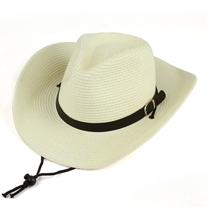 Western Cowboy Hat Simple Straw Hat with Windproof Rope &amp; Sweat Absorbent Inner Band All-match for Street Strolling: milk white