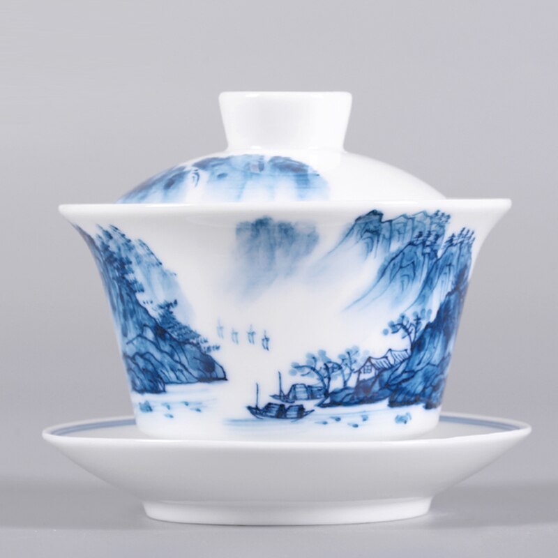 Tureen paysage en porcelaine bleu et blanc, tasse Gaiwan avec couvercle, Kit de soucoupe, bol à thé en céramique, décoration, artisanal 7oz