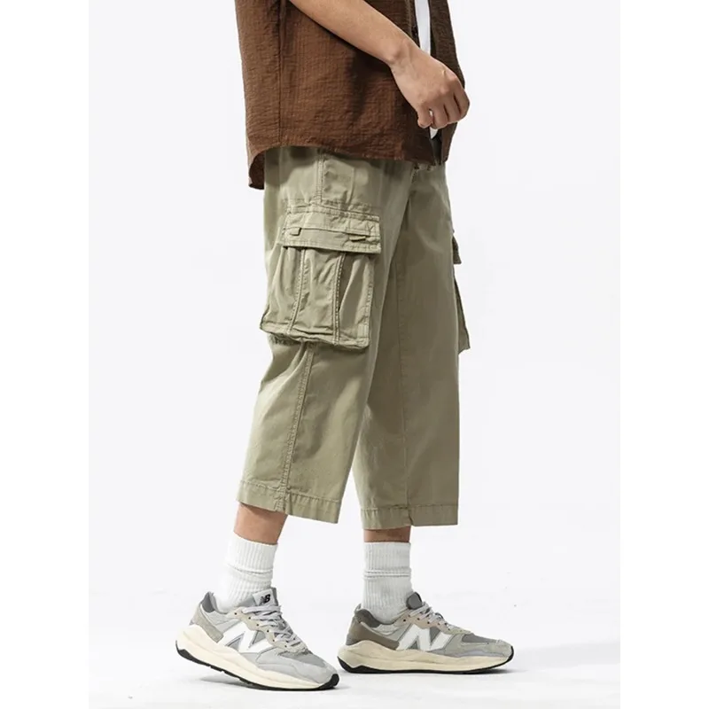 Pantalones Cargo con múltiples bolsillos, pantalones Capris rectos de algodón lavado, ropa de trabajo con cintura elástica, pantalones holgados, pantalones de verano hasta la pantorrilla para hombre