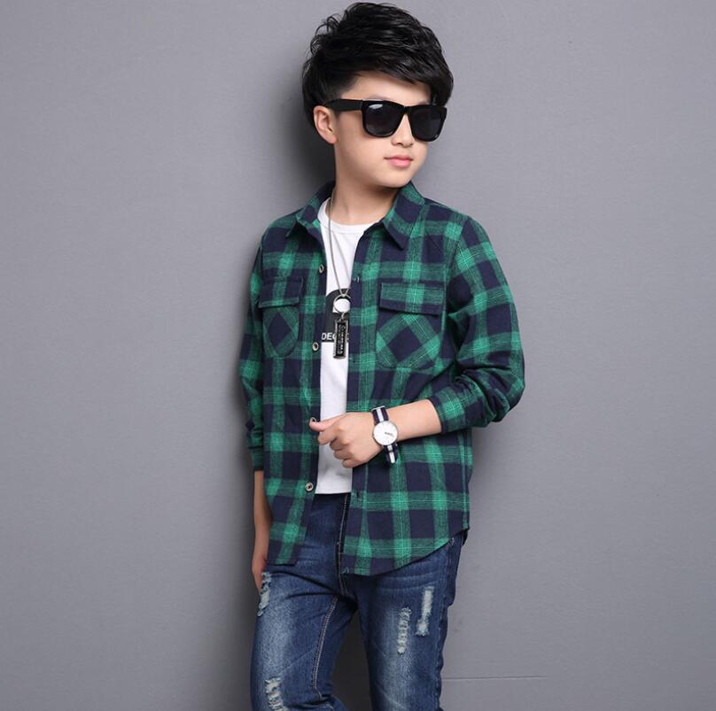 Drenge bluser 3-13y baby drenge efterår langærmet plaid skjorte teenage forårs varm jakke chaqueta de primavera adolescente caliente: Grøn / 9