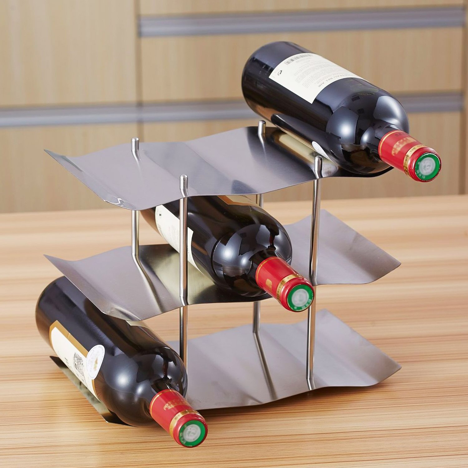 Cremagliera del vino 3 Tiers 9 bottiglie di Cucina In Acciaio Inox Da Tavolo Controsoffitto Freestanding Onda di Vino Cremagliera Mensola di Esposizione del Supporto Del Vino