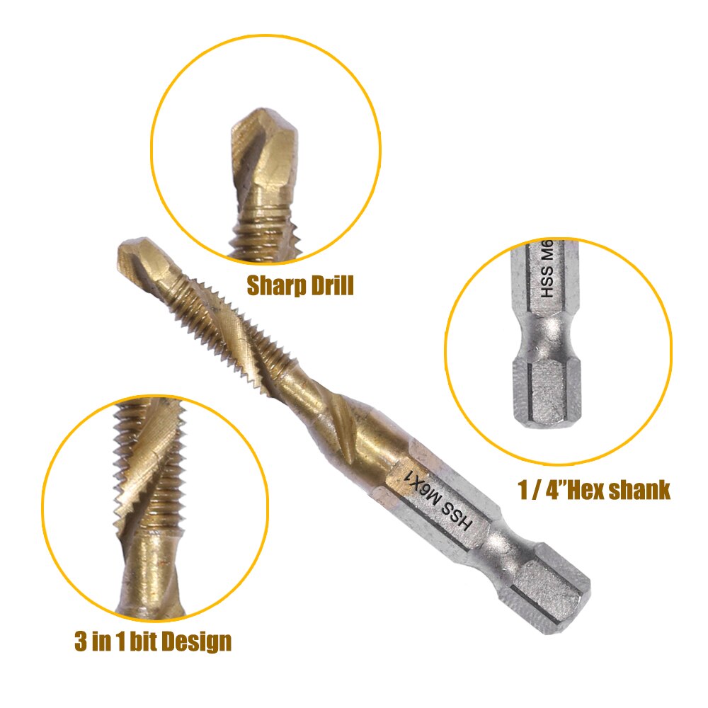Metric Thread Tap Drill Bits Set Hex Shank HSS Titanium Plated Screw Thread Combination Drill Tap M3 M4 M5 M6 M8 M10 Hand Tools