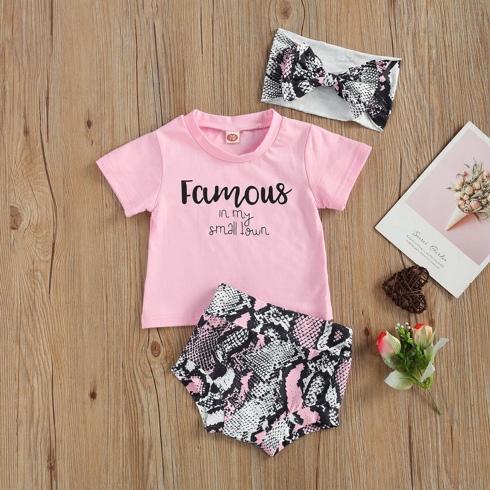 Ensemble de vêtements pour bébés filles et garçons, 3 pièces, pour la saint-valentin, motif en T à manches courtes/Short en peau de serpent
