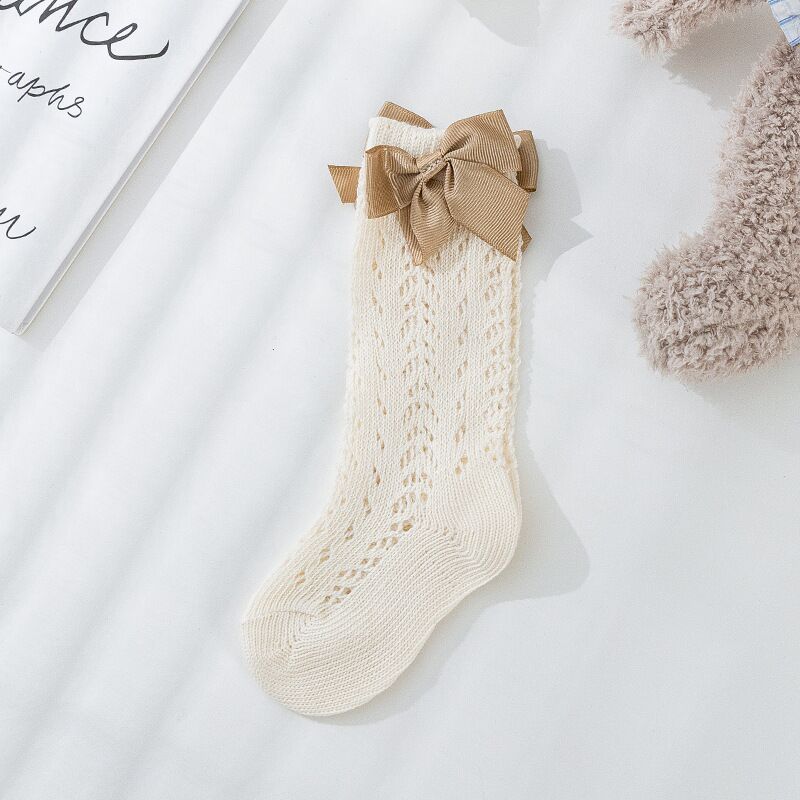 Calcetines largos con lazo para niñas pequeñas, calcetín hasta la rodilla, malla de algodón suave, estilo español, transpirables de 0 a 5 años: Beige / 1-3 Years (M)