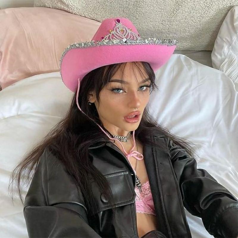 Sombrero de vaquera rosa con ribete, sombrero de vaquero de con de Tiara de corona, sombrero de vaquera de fieltro rosa para accesorios de disfraces