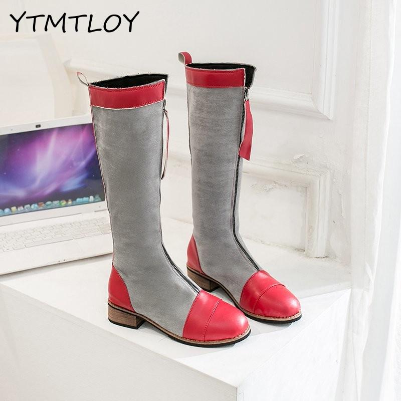 Bottes de créateur en cuir à genoux pour femmes, à bout rond, longues, épaisses, bloc, à talons hauts, noir, Beige