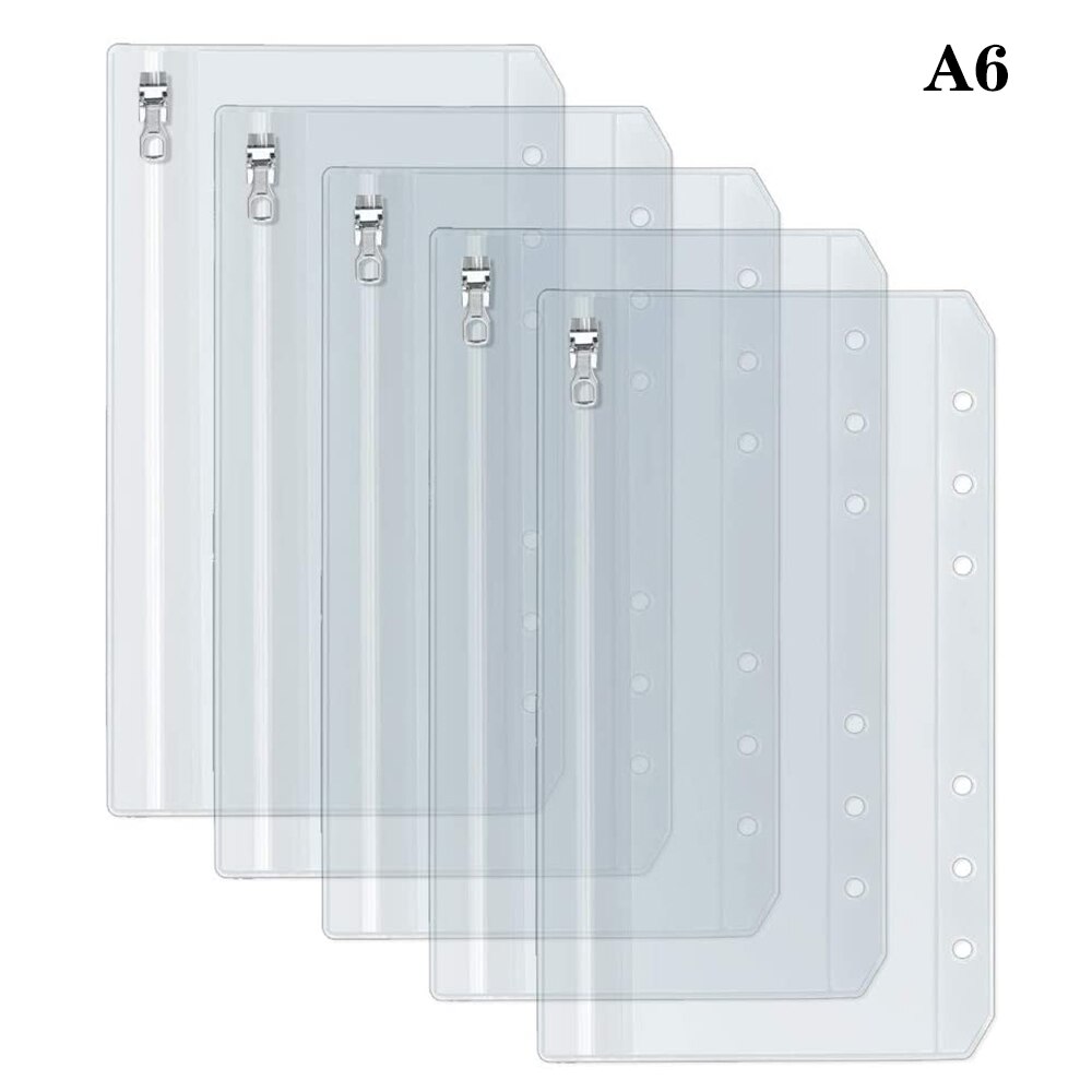A5 A6 Clear Binder Pockets with Metal Zipper 6-Hole Punched Binder Pocket for 6-Ring Notebook Binder Pouch Organizer for Cashs: A6 SIZE-5 Pack