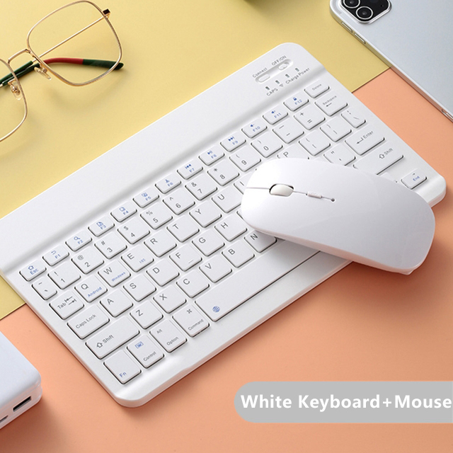 10 inch Computer Wireless Keyboard and Mouse 11 12.9 10.5 Teclado Bluetooth Keyboard and Wireless Mouse for Android IOS Windows: White and Mouse