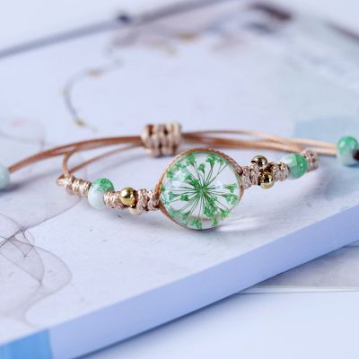 Flor seca romántica japonesa y coreana, cristal transparente, cerámica, cuerda de nailon anudada, pulsera de mujer, símbolo de la feliz: 9