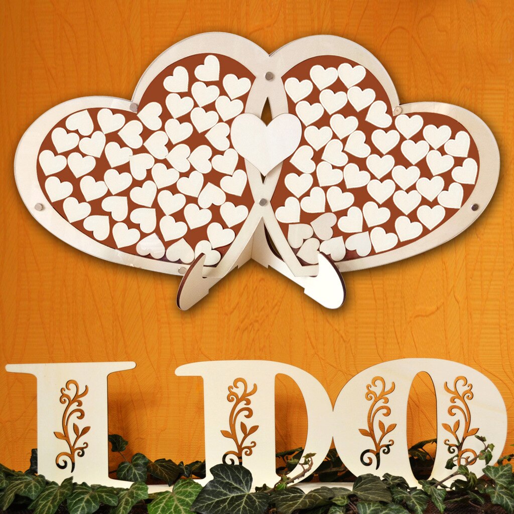 Signe de livre d'or de mariage Double cœur Unique avec 100 cœurs en bois, décor rustique