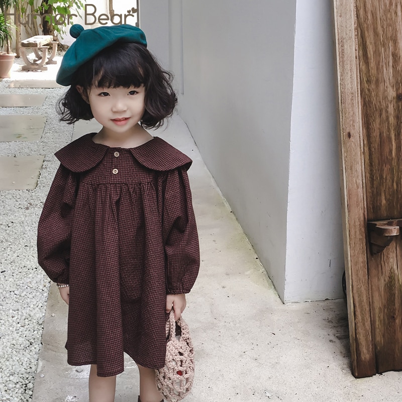 Humor niedźwiedź moda dla dzieci ubrania dziewczyna pled kołnierzyk dla lalek z długim rękawem sukienka dzieci księżniczka sukienki dziewczynek odzież stroje